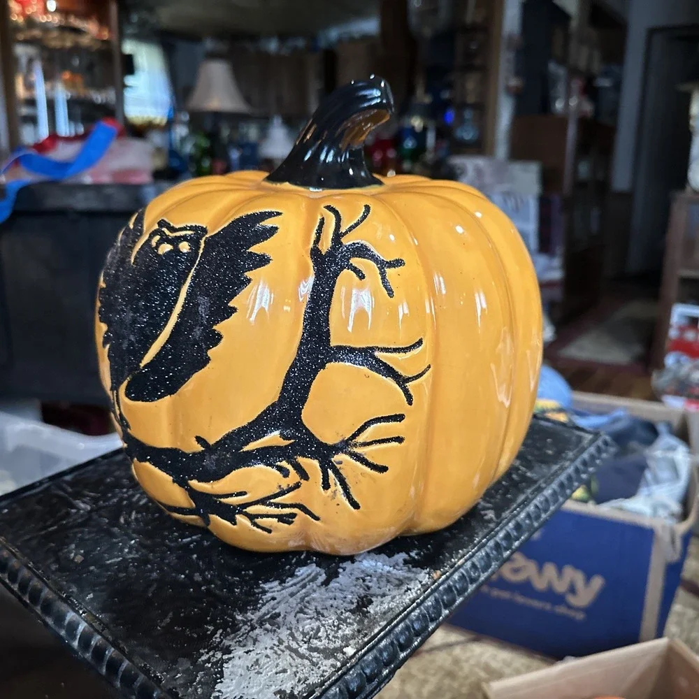 Black and Orange Decorative Happy Halloween Owl Tree Bat Scene ceramic Pumpkin